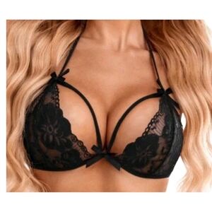 Black Lace Bralette Strappy Cutout Triangle Bra Lingerie Size L